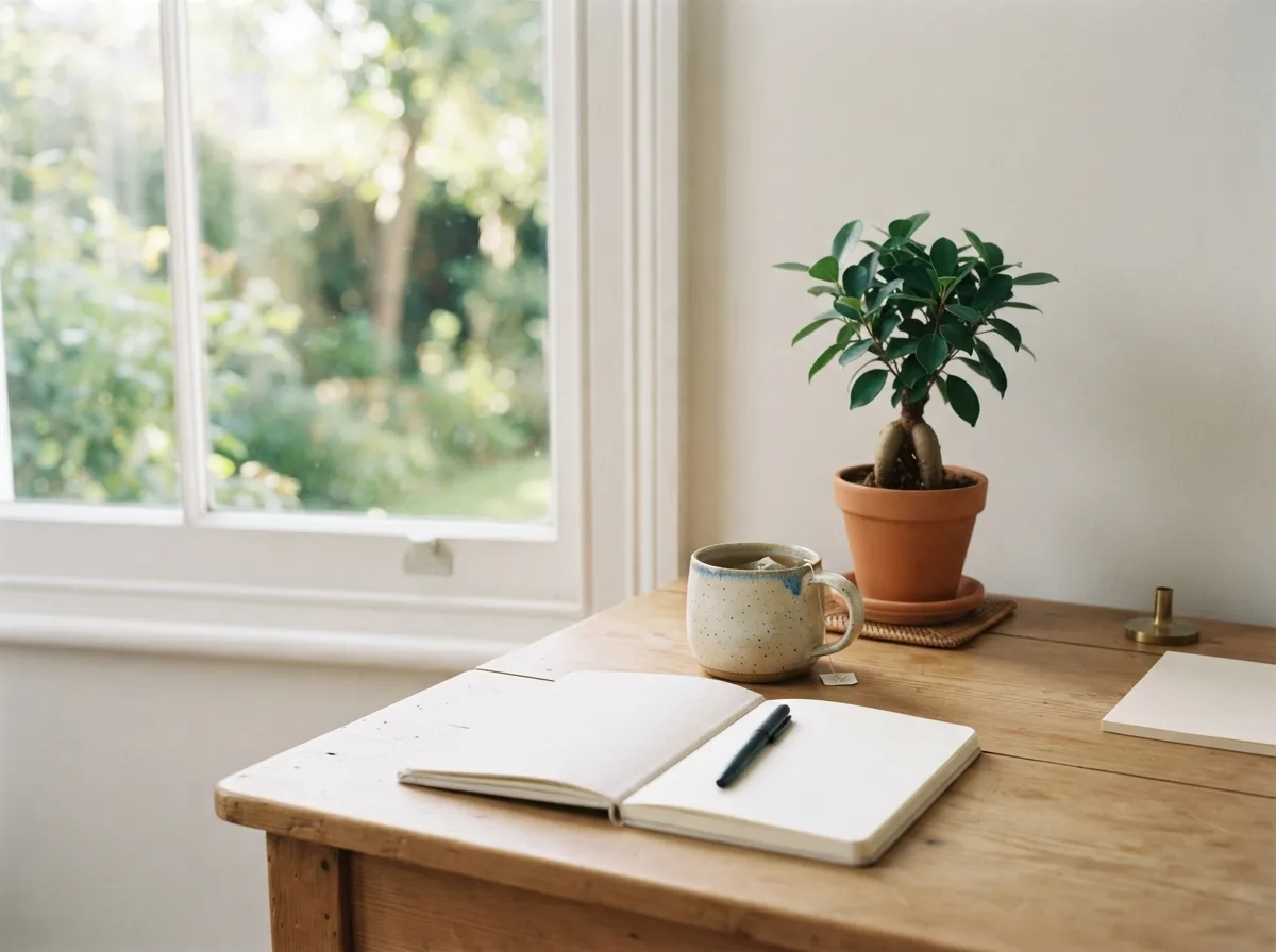 Clean workspace with bottle and natural light